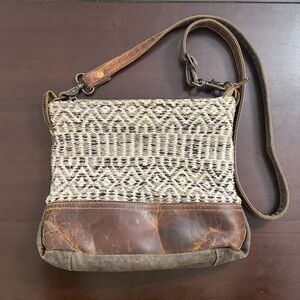 Myra Boho Woven Canvas Crossbody Bag | Leather Trim | Adjustable Strap
